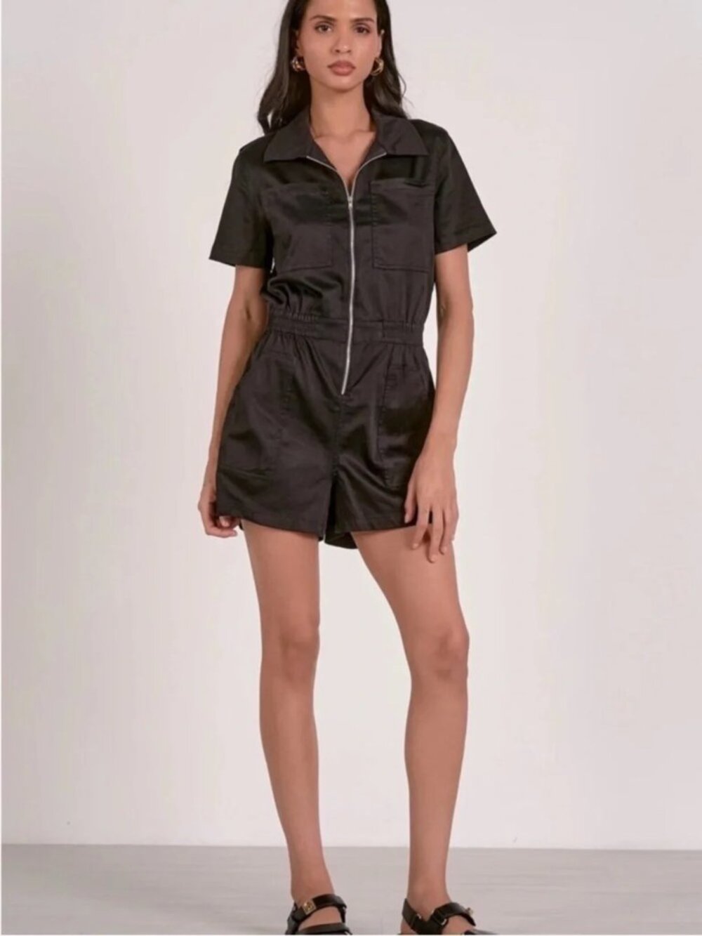 Elan Black Short-Sleeve Front-Zip Romper - XL NWT